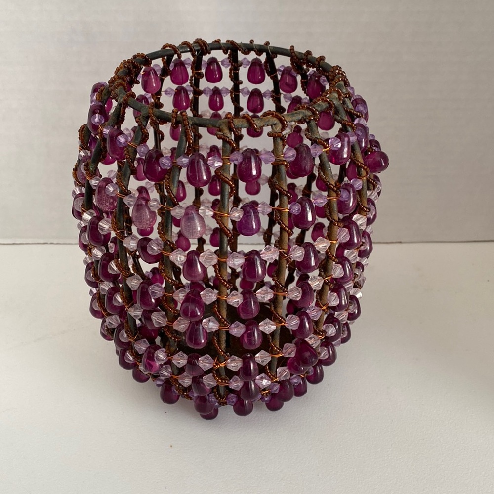 Retro Beaded candle holder. Purple beads - wire wrapped